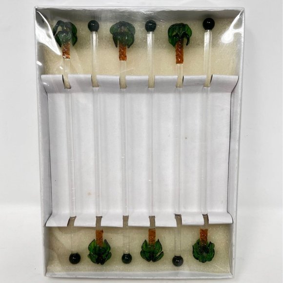 Swizzle Sticks LS Arts Venezia Art Glass Palm Trees New Old Stock 2 Sets of 6 - Picture 7 of 10
